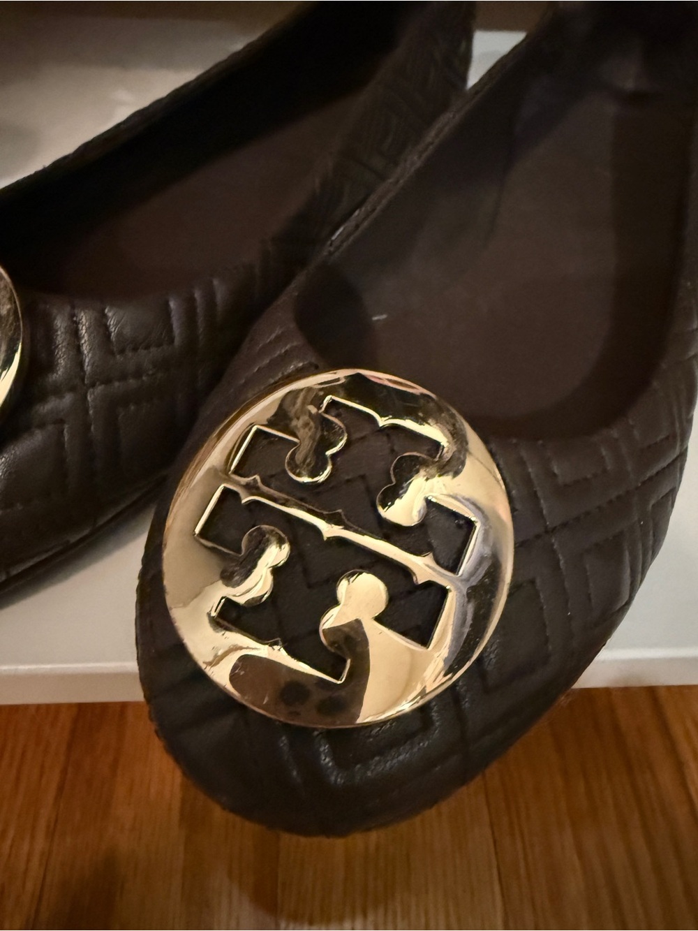 Tory Burch Brown Quilted Logo Round-Toe Ballet Flat
